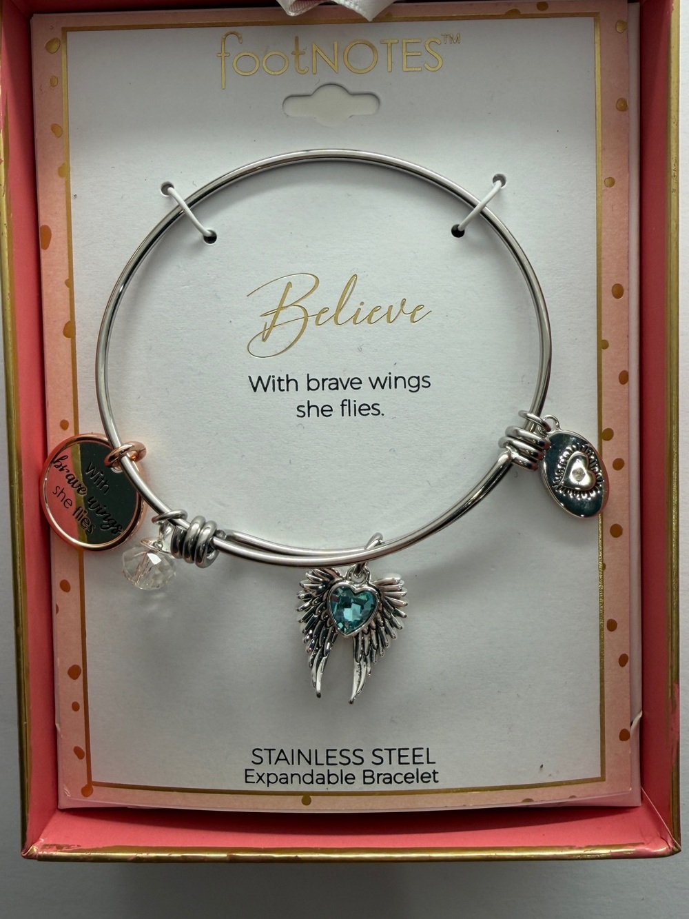 Believe Stainless Steel Expandable Bracelet in Silver with Blue Heart Charm